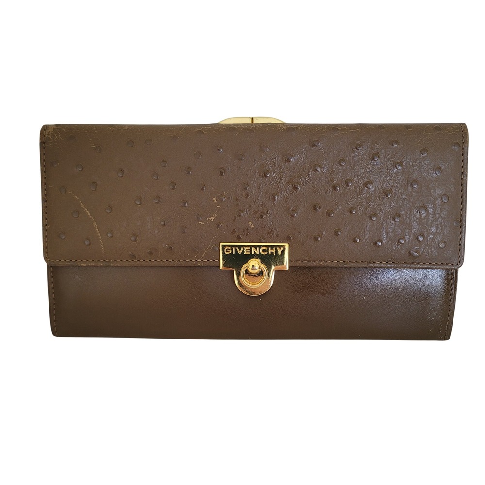 Givenchy Vintage Ostrich Embossed Leather Long Wallet Brown Gold Tone Hardware